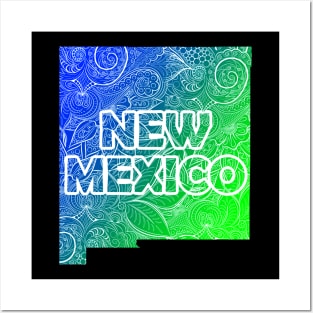 Colorful mandala art map of New Mexico with text in blue and green Posters and Art